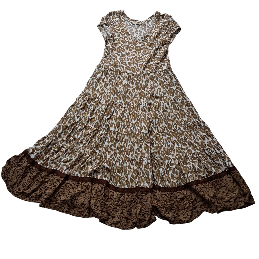 Soft Surroundings Kara Maxi Dress Womens Medium Petite Brown Leopard Tiered Boho